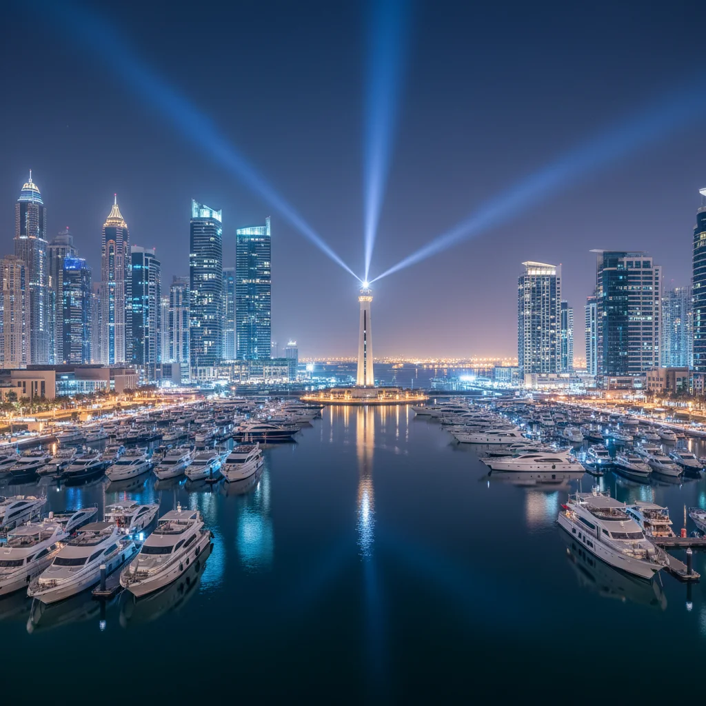 Dubai Harbour marina at night with luxury yachts Dubai Harbour marina at night with luxury yachts