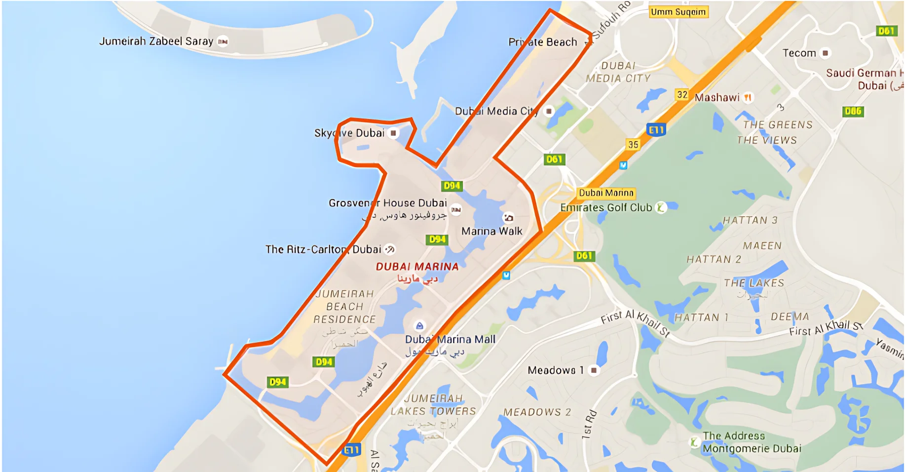 Dubai Marina location map — strategic position between JBR, JLT, and Palm Jumeirah.